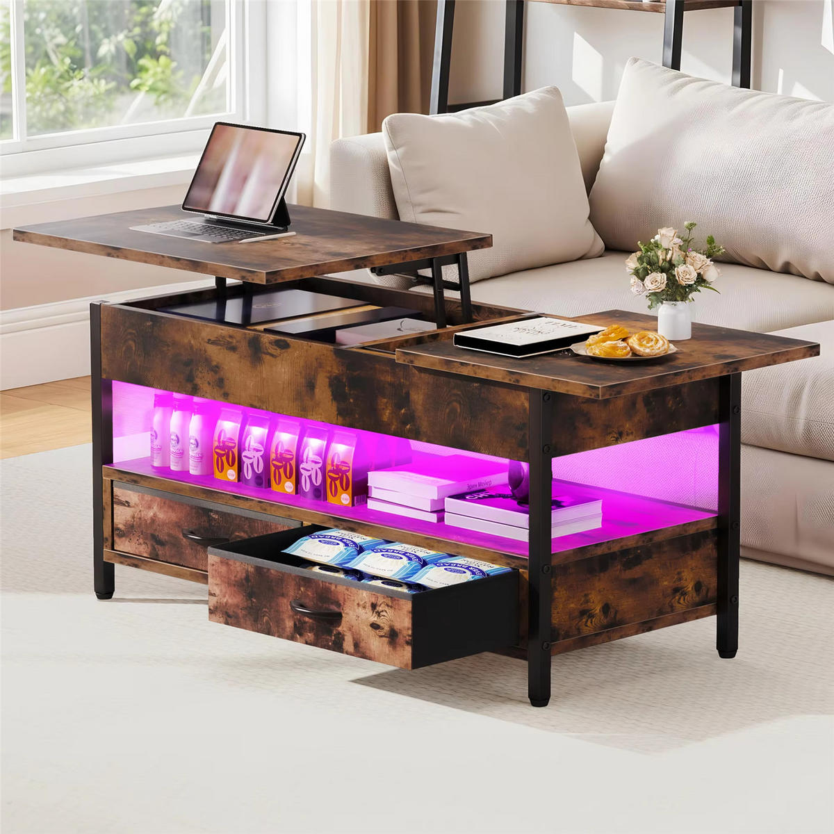 COUCHTISCH Lift-Top Holz LED RGB 2 Schubladen - Braun, Holz (106/50/51.5cm) - Kaket