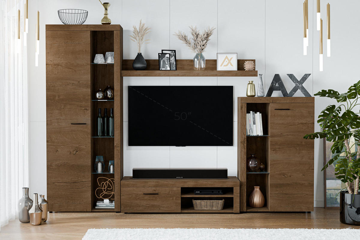WOHNWAND Spacoro Eiche, Lefkas 270/190/41 cm Wohnwand Modern ohne LED - Braun, Holzwerkstoff/Kunststoff (270/190/41cm) - AX Living