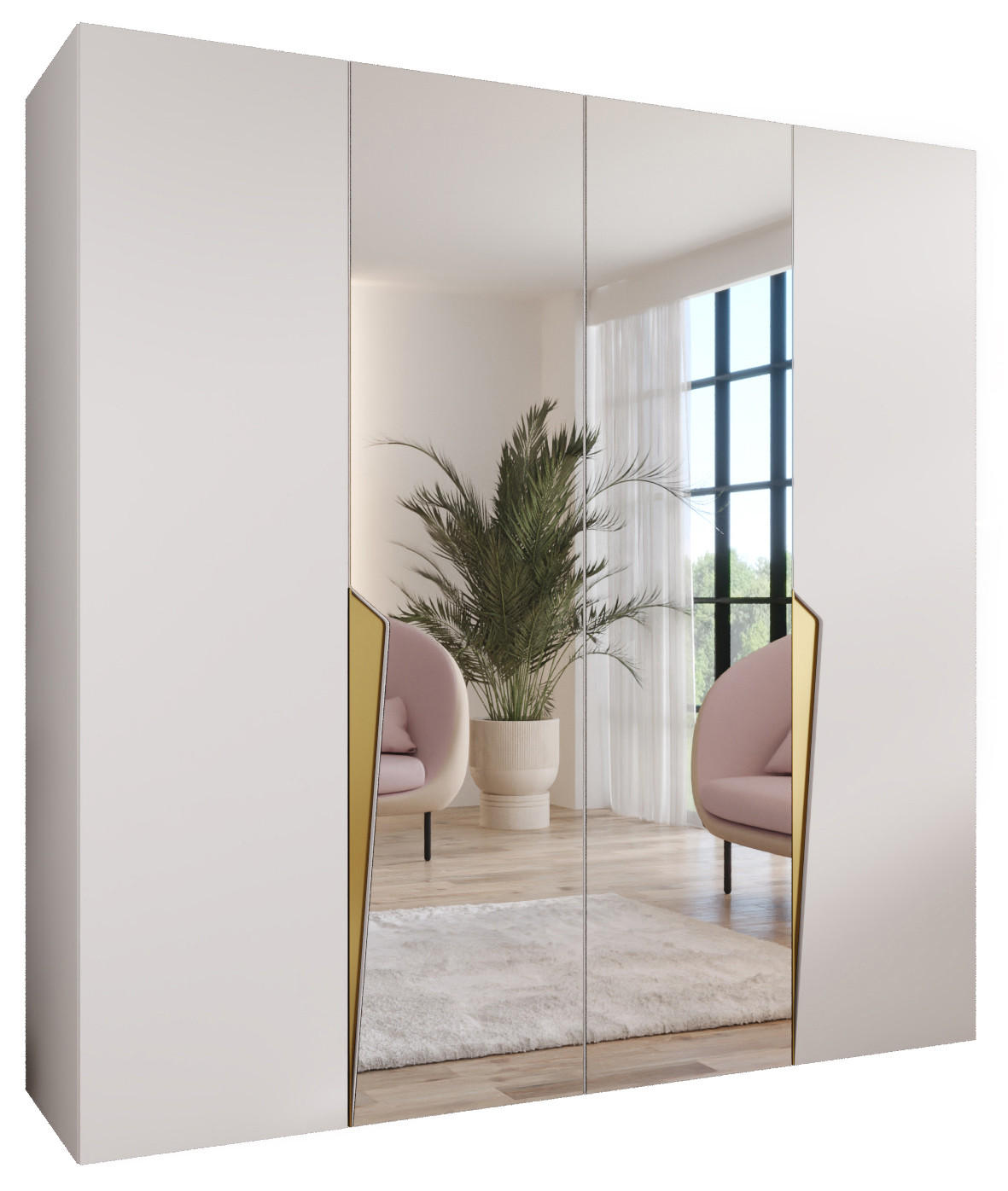 Abiks Möbel Drehtürenschrank Weiß, Gold 200x202x52 cm