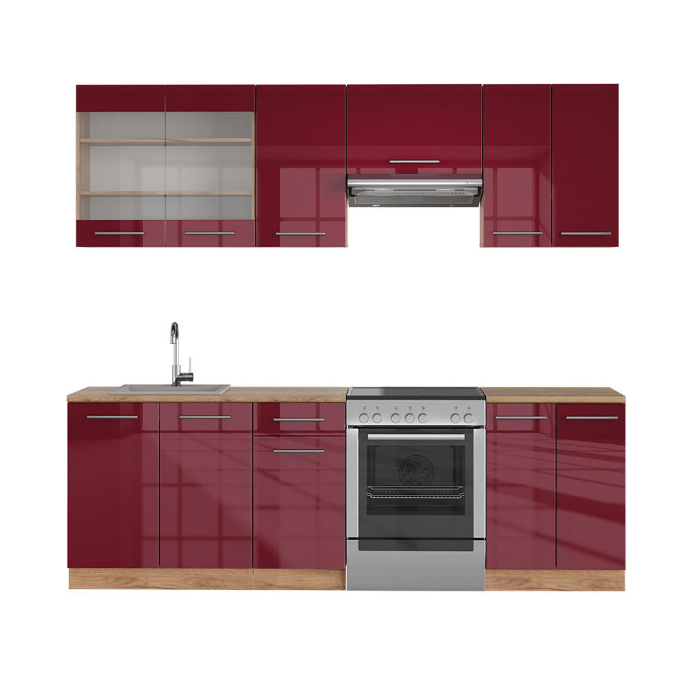 KÜCHENZEILE Fame-Line Bordeaux Hochglanz/Goldkraft Eiche 240 cm ohne AP - Bordeaux/Eiche Wotan, Holzwerkstoff (240/81.6/46cm) - Vicco
