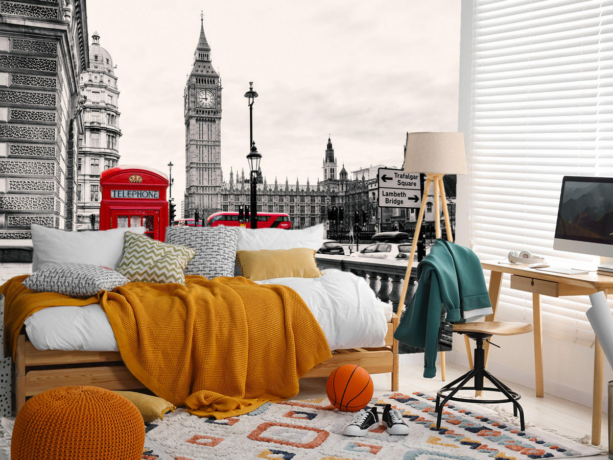 FOTOTAPETE für Wohnzimmer Rote Telefonzelle London BIG BEN Bus 400x280 - Beige/Rot, Papier (400/280cm) - Muralo