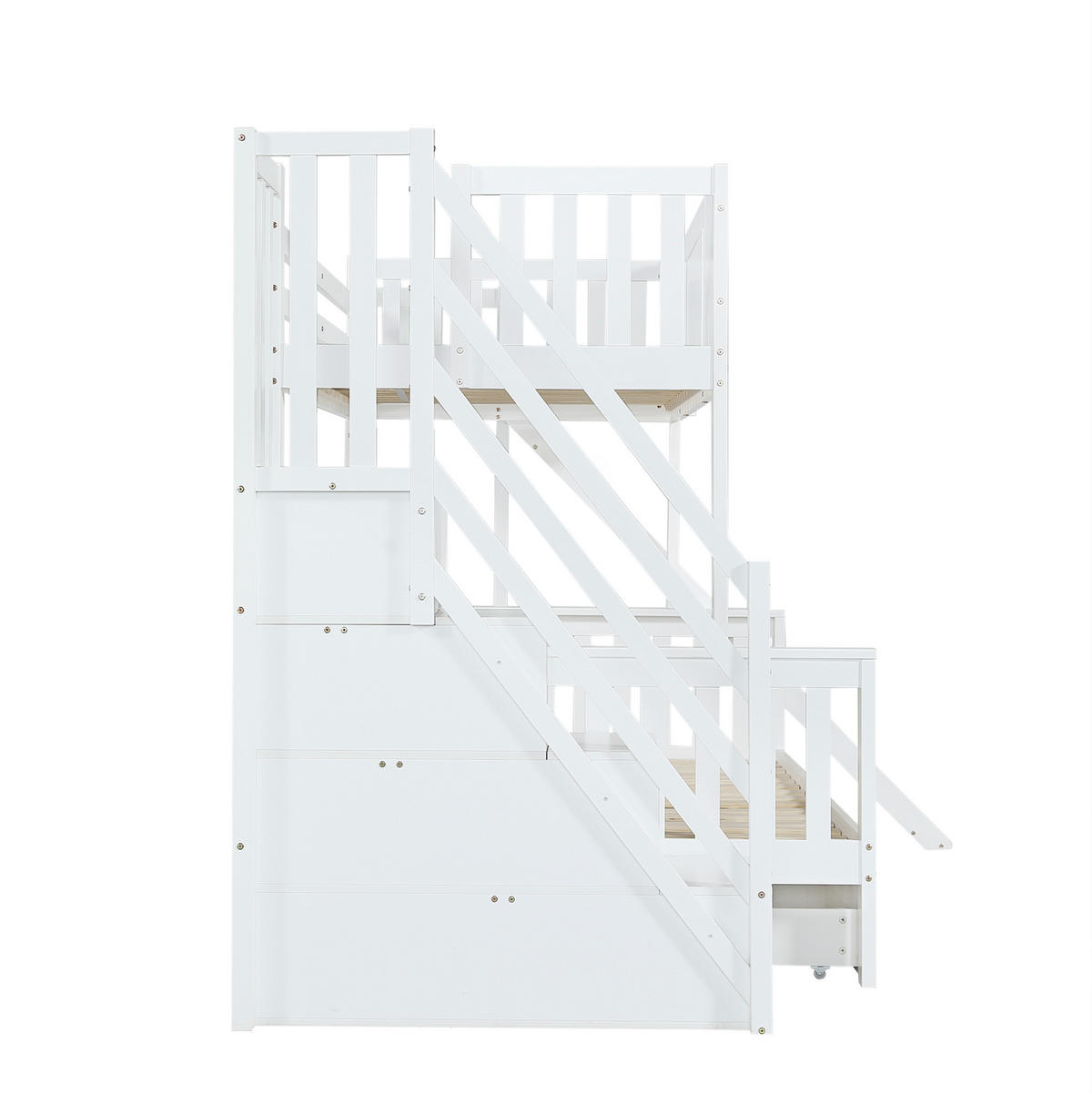 POSCHODOVÁ posteľ 295/174/168,5 cm biela s úložnými schodmi, šmykľavkou a oknami z borovice a MDF - biela, kompozitné drevo (90/200cm) - OKWISH