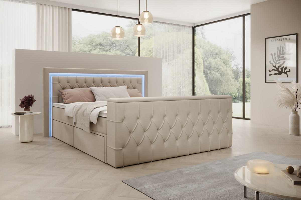 BOXSPRINGBETT Arosa TV mit Schubladen und Topper, TV-Lift, LED Beleuchtung, Samt, 180x200 cm, Beige - Beige, Holz - PROMETO Möbel