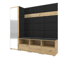 GARDEROBE NELA IX 200 cm (Modulare Flurmöbel Artisan Eiche mit Spiegel & Sitzpolster Schwarz 16 Breite Sitzbank) - Silberfarben/Schwarz, Holz/Holzwerkstoff (200/187/40cm) - Ravio