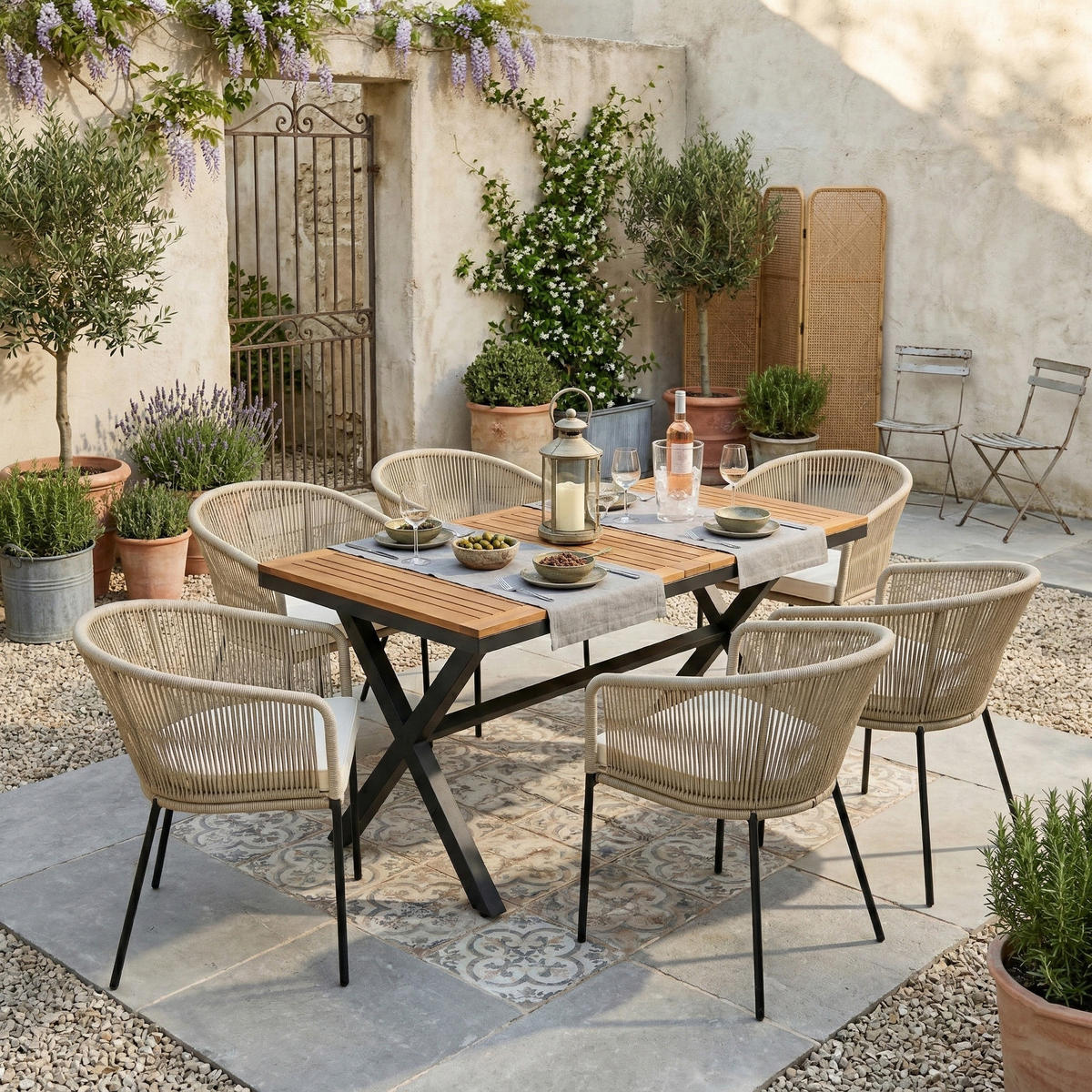 GARTEN ESSGRUPPE 140 cm Akazienholz & Seilgeflecht Beige Outdoor Esstischset mit 6 Sesseln - Beige, Metall - Urban Meuble