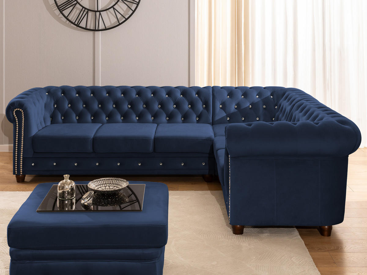 ECKSOFA mit Schlaffunktion Chesterfield Marineblau Samt mit Kristallsteppung und braunen Massivholzfüßen - Ottomane Rechts - Blau/Braun, Holz/Textil (264/210cm) - S-Style Möbel