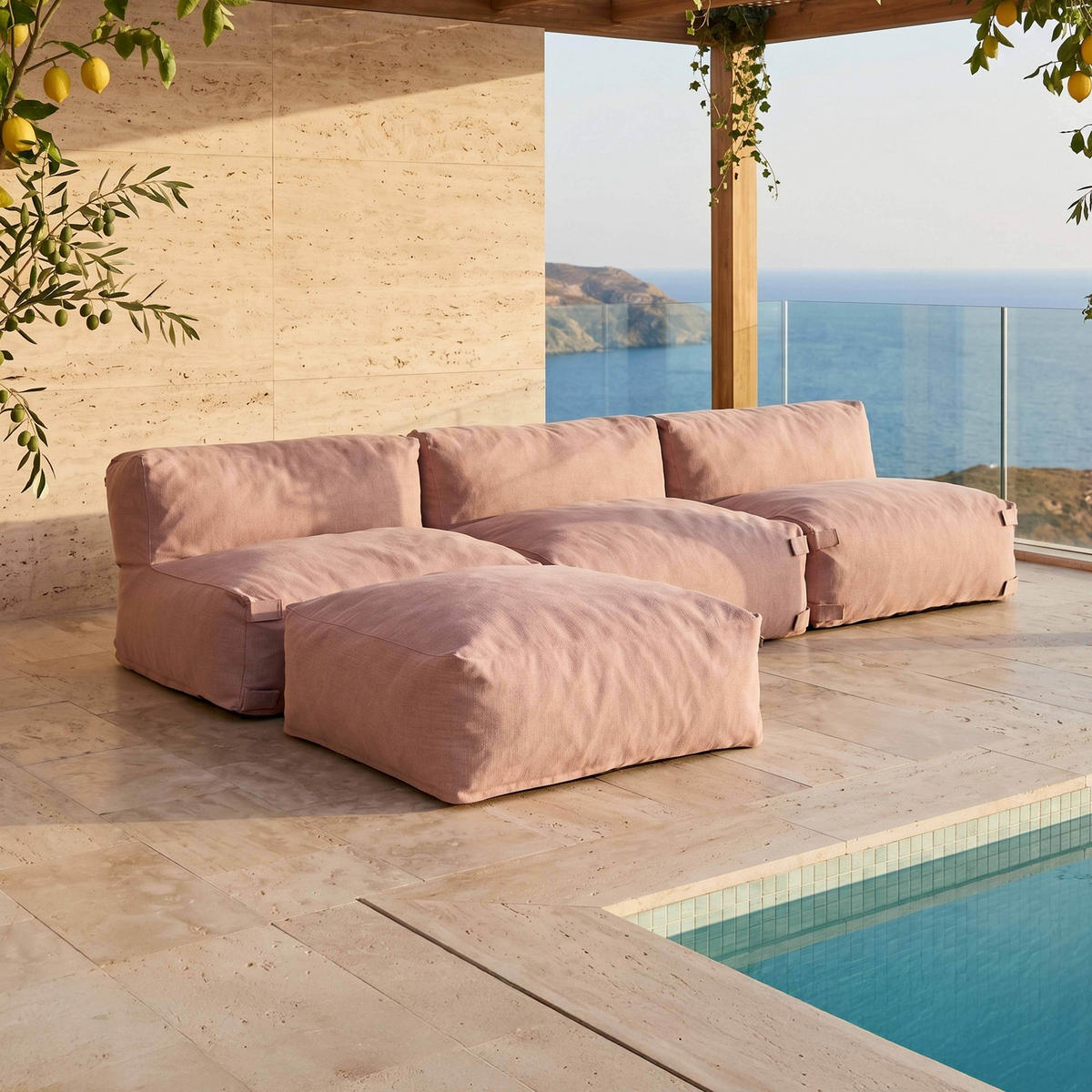 GARTENSOFA mit 4 Sitzplätzen, Puderrosa - Pink, Textil - Oviala
