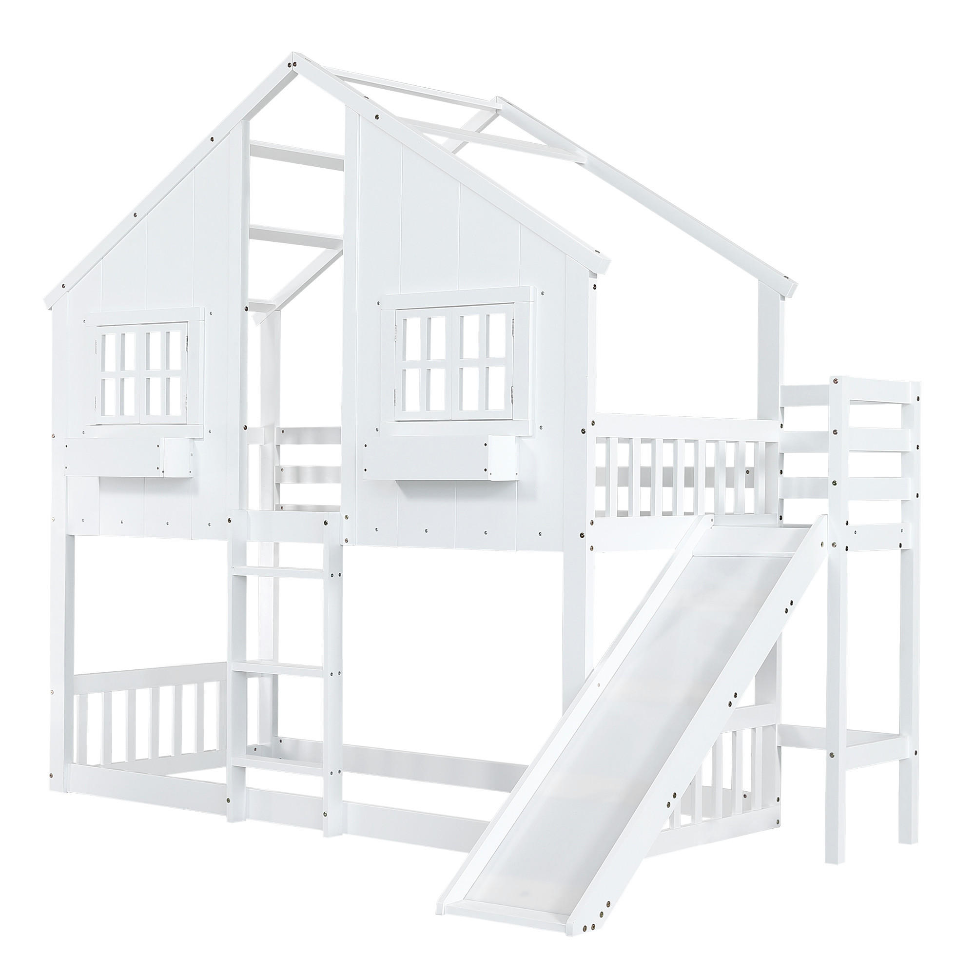 SPIELBETT 90/200 cm DE-02345, in Weiß, mit Rutsche, Dach, Fenstern und Leiter - Weiß, Holz/Holzwerkstoff (90/200cm) - ComfortXL