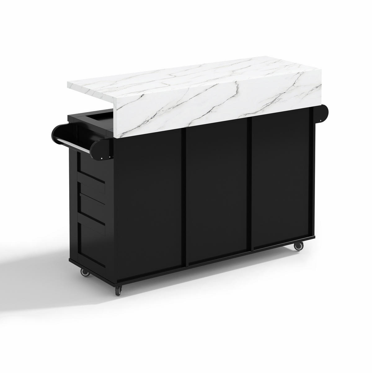 KÜCHENINSEL 138/60/93 cm mit klappbarer Arbeitsplatte, LED-Beleuchtung und Rollen, MDF, Schwarz - Schwarz, Holzwerkstoff (138/93/60cm) - Redom