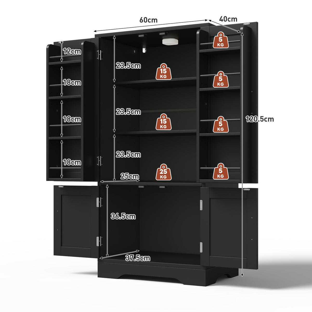 HOCHSCHRANK aus MDF mit 4 Türen, LED-Sensorlicht, 60/40/120 cm, Schwarz - Schwarz, Holzwerkstoff (40/120/60cm) - Redom