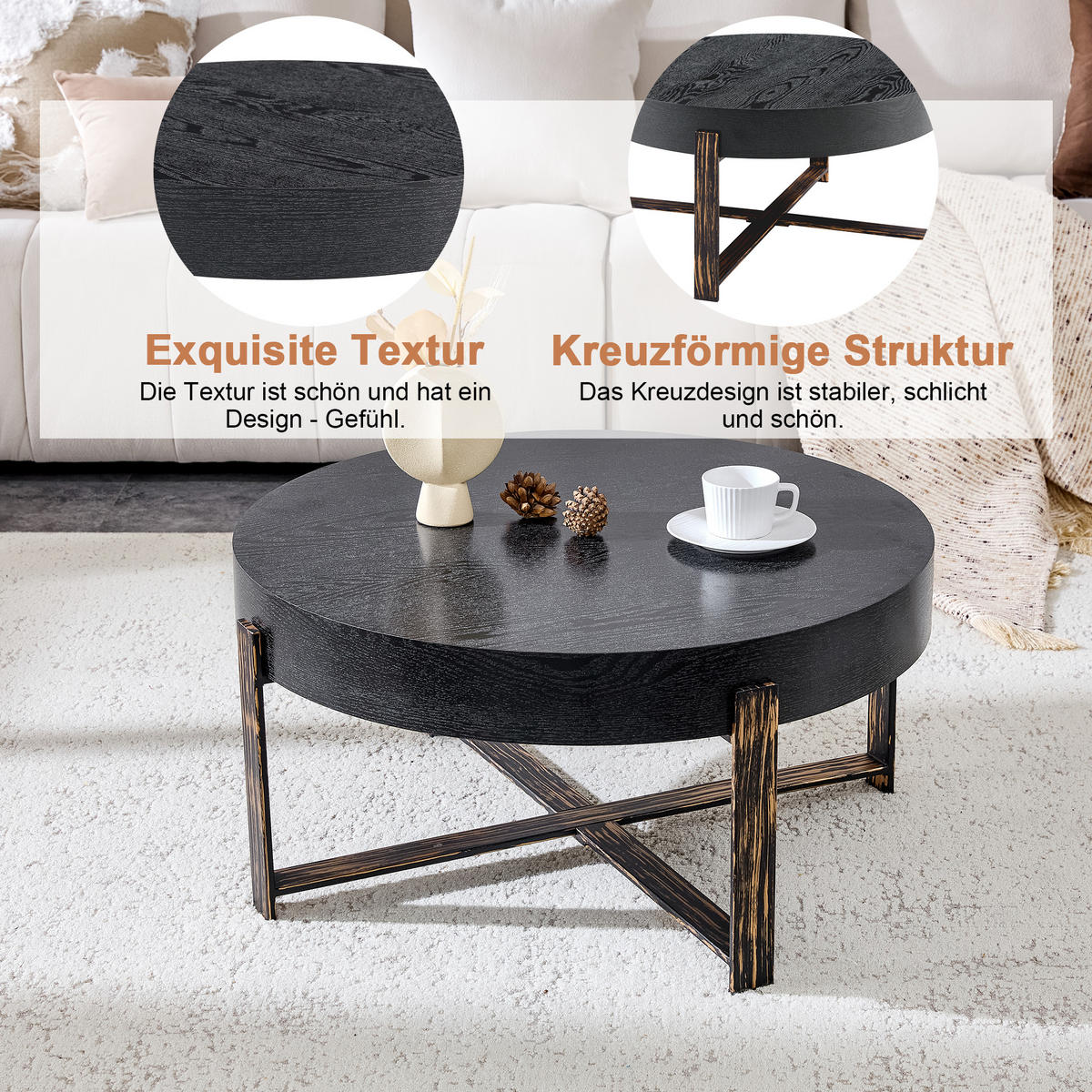 COUCHTISCH 68/68/36 cm Schwarz aus Holzwerkstoff mit Metallgestell in Antikbronze und runder Tischplatte - Schwarz, Holzwerkstoff (68/68/36cm) - OKWISH