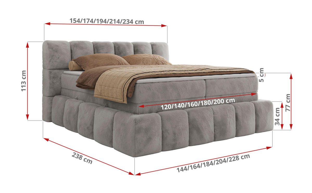 BOXSPRINGBETT NIRA KING 180/200 Hellgrau Plüsch - H3 - Hellgrau, Holz/Textil (180/200cm) - MKS