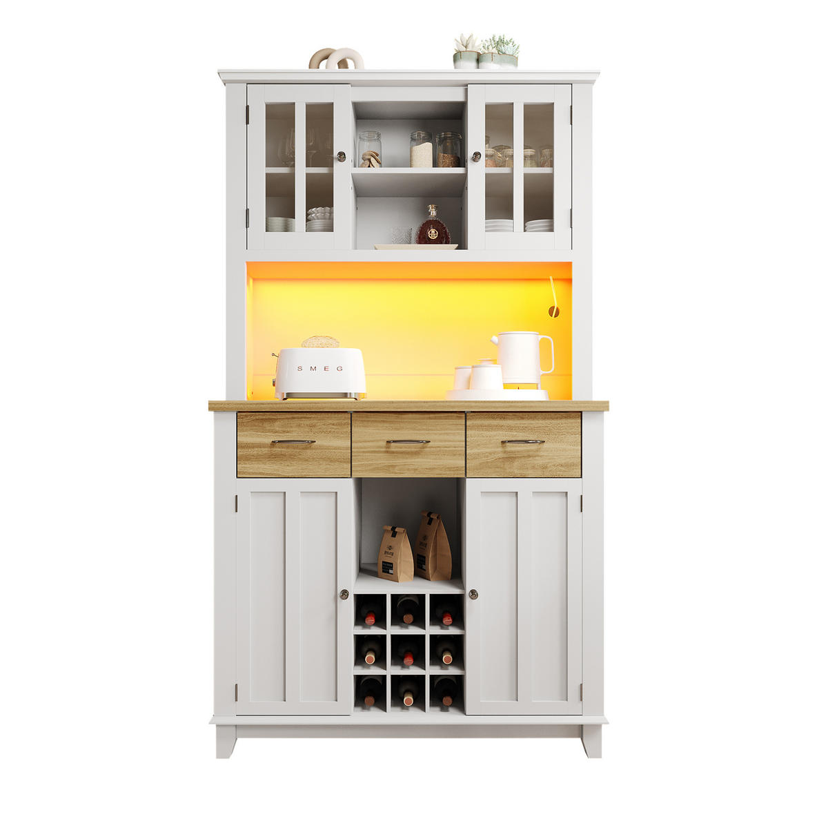 BUFFET 106/40/179,5 cm aus MDF mit LED-Beleuchtung Weiß/Natur - Weiß, Holzwerkstoff (106/179.5/40cm) - Modenvie