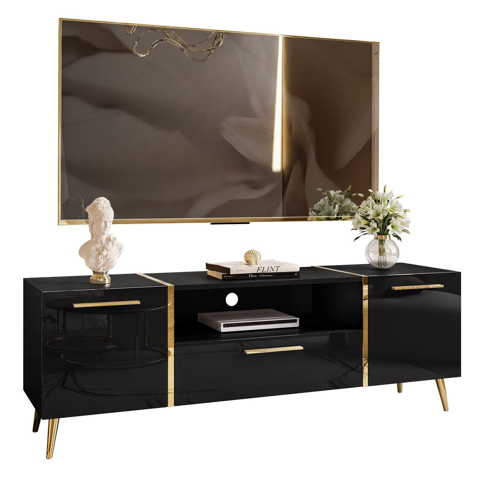 TV-ELEMENT ONYX AUF GOLDENEN BEINEN HOCHGLANZ 158 CM - Schwarz, Holzwerkstoff (158/53/41.3cm) - Lookway
