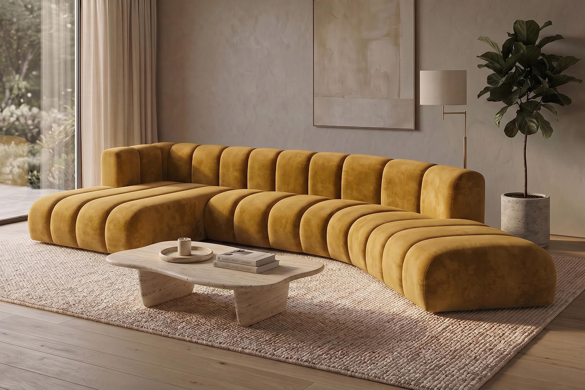 ECKSOFA Modulares In L-Form, Velvet-Stoff Riviera, Senffarbe, Links, GRAND Round - Gelb, Holz (445/179cm) - Kaiser Möbel