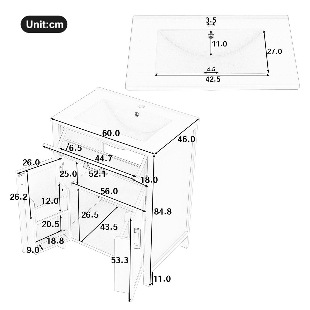 WASCHTISCHKOMBI 60x46x84cm in Weiß mit Keramikbecken & umklappbarer Schublade - Weiß, Holzwerkstoff (60/84/46cm) - Modfu