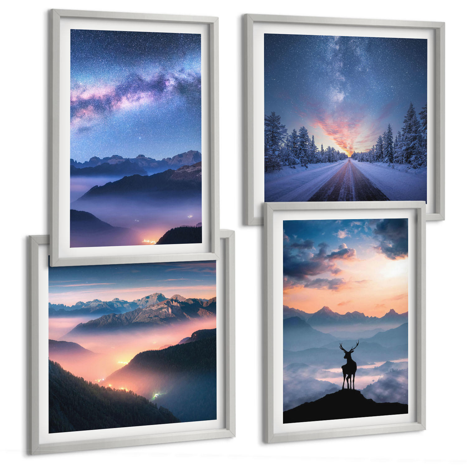BILDER SET 4er Set - 50x50 cm & 40x60 cm Silberner Rahmen - Nachthimmel Berge Nebel Hirsch - Silberfarben, Kunststoff (50/50cm) - TULUP