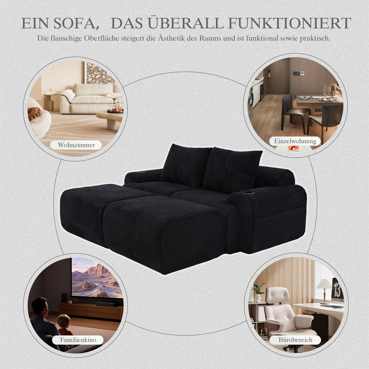 MODULARES 2-Sitzer Sofa Cordstoff mit Getränkehalter und Seitentasche 200/174/80 cm Schwarz - Schwarz, Textil (174/80/200cm) - Redom