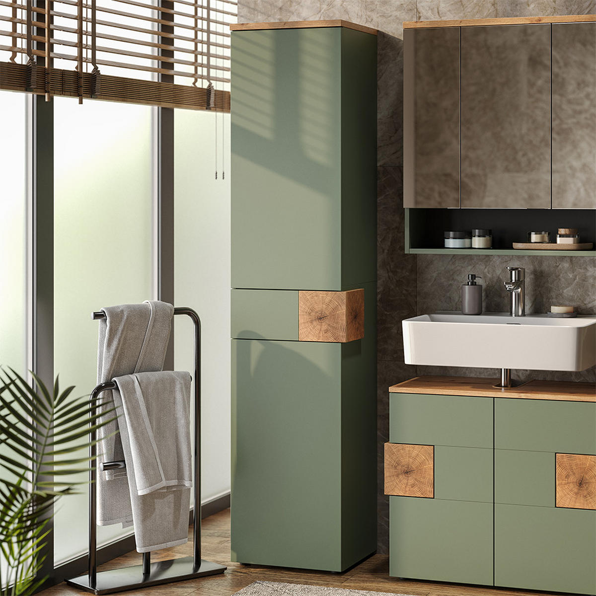 HOCHSCHRANK Eden Grün/Artisan 40 x 184.2 cm mit 2 Türen & 1 Schublade - Hellgrau/Grün, Holzwerkstoff (40/184.2/37cm) - Vicco