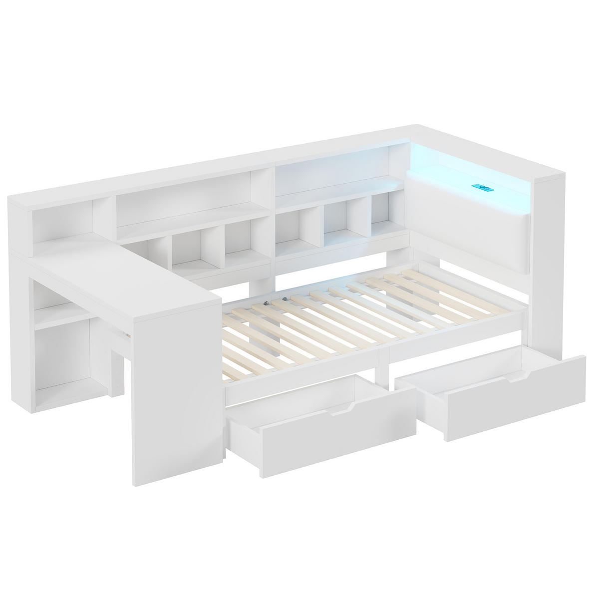 JUGENDBETT 90/200 cm in Weiß mit Schubladen, LED, USB, Regal und Schreibtisch - Weiß, Holzwerkstoff/Textil (90/200cm) - WISHDOR
