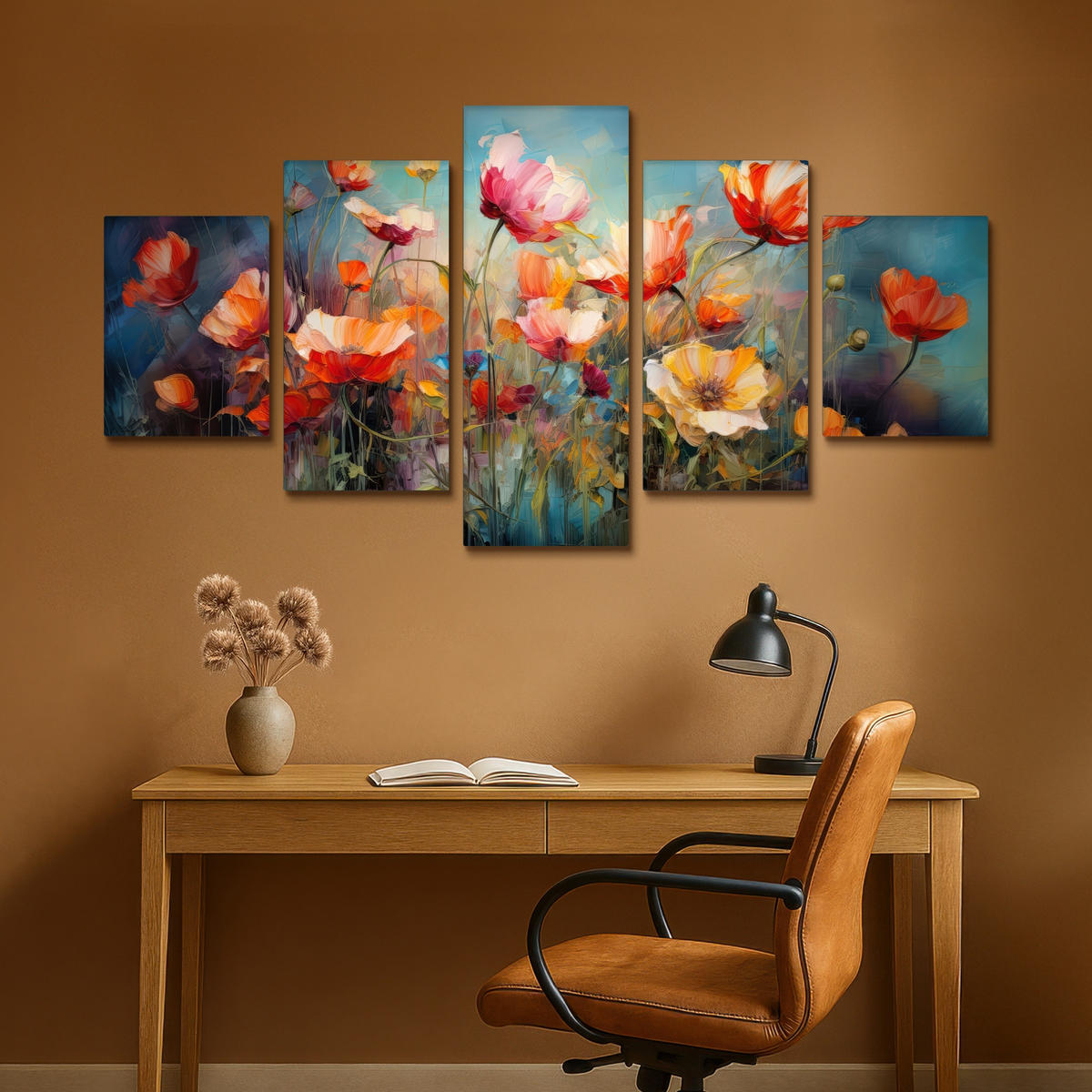 LEINWANDBILD 5er Set Blumen - Bunt - Abstrakt 150x80 cm - Blaugrau, Textil (150/80cm) - MuchoWow
