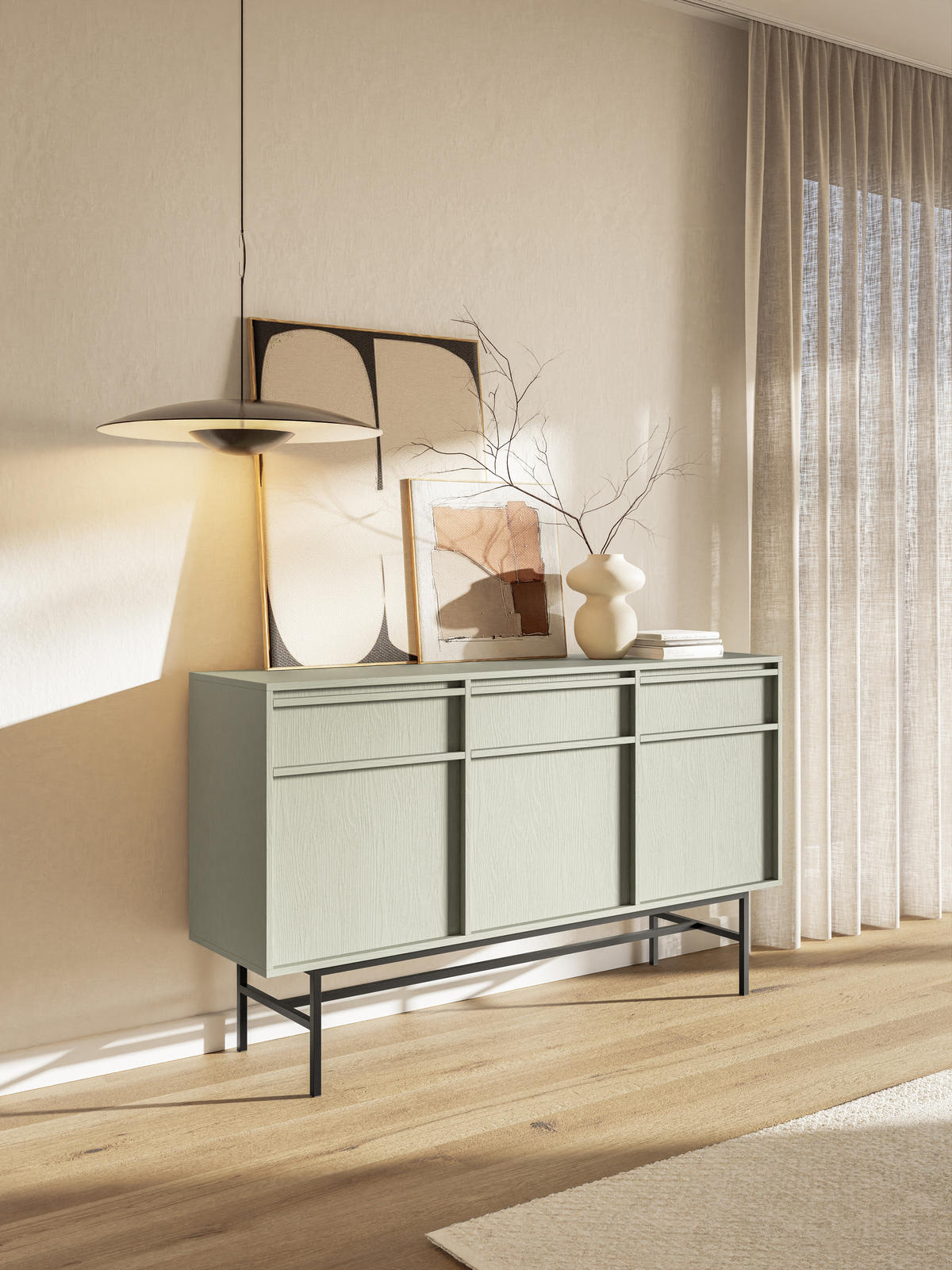 SIDEBOARD Evo Salbeigrün mit Metallgestell 154 cm - Salbeigrün/Schwarz, Holzwerkstoff/Metall (154/89/39cm) - Selsey
