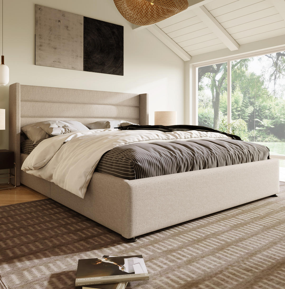 POLSTERBETT aus Leinen 140x200 cm Beige mit hydraulischem Bettkasten - Beige, Textil (140/200cm) - IVMEU