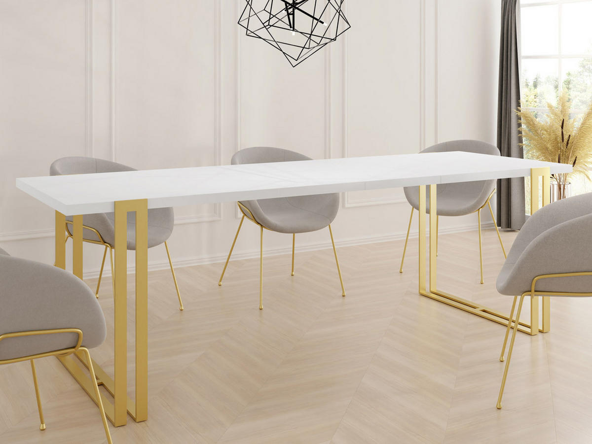 ESSTISCH Stella rechteckig ausziehbar, Weiß 160-260/90/76 cm - Goldfarben/Weiß, Holzwerkstoff/Metall (160/90/76cm) - WFL GROUP