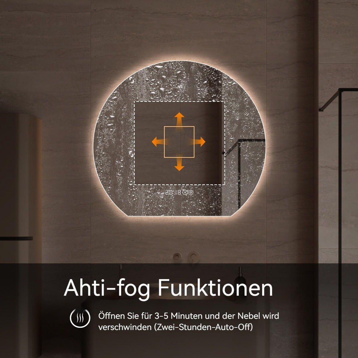 LED Badezimmerspiegel 80x72x2.5cm Silber, dimmbar mit 3 Lichtfarben, Entspiegelung & Smart-Display - Silberfarben, Glas (2.5/80/72cm) - Modfu