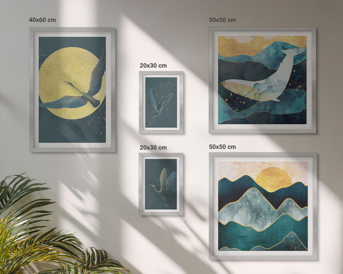WANDBILDER 5er Set - 50x50 cm & 20x30 cm & 40x60 cm Silberner Rahmen - Vögel, Kraniche, Mond, Berge - Silberfarben, Kunststoff (40/60cm) - ArtPrintCave