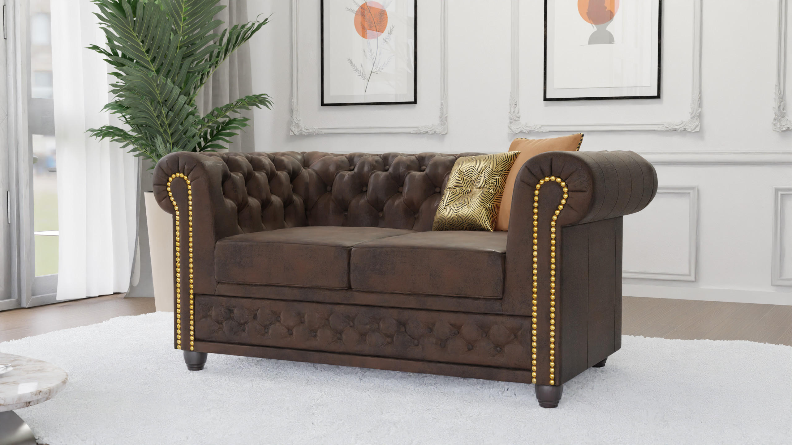 CHESTERFIELD-SOFA 2-sitzer mit Schlaffunktion Flux Dunkelbraun Microfaser Vintageoptik - Dunkelbraun/Braun, Holz/Textil (148/72/86cm) - S-Style Möbel
