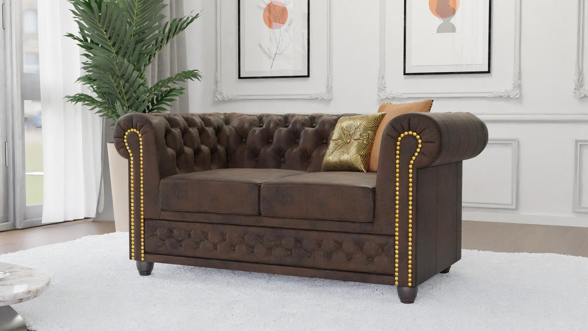 CHESTERFIELD-SOFA 2-sitzer Flux Dunkelbraun Microfaser Vintageoptik - Dunkelbraun/Braun, Holz/Textil (148/72/86cm) - S-Style Möbel