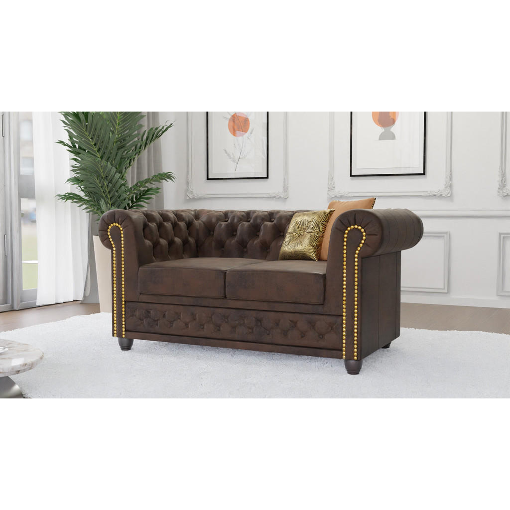 Thumbnail - S-Style Möbel Chesterfield-Sofa, Dunkelbraun, Textil, Echtholz,Birke, 2-Sitzer, Füllung: Silikon,Komfortschaum, 148x72x8...