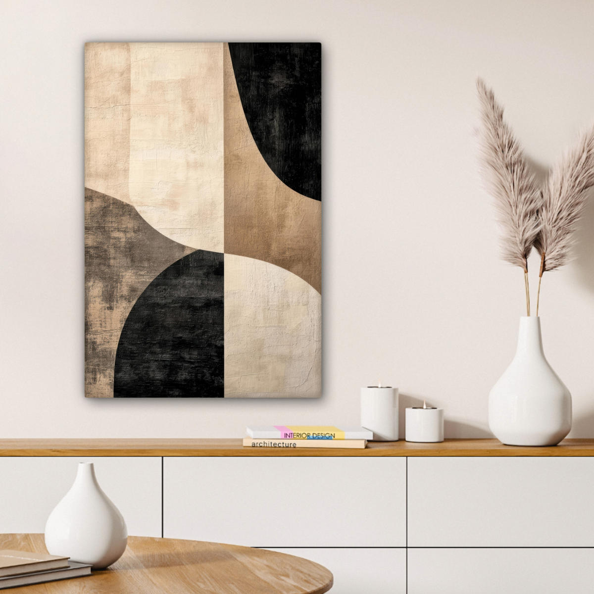 LEINWANDBILD Abstrakt - Flugzeuge - Schwarz - Rund Wanddeko Schlafzimmer 60x90 cm - Beige, Textil (60/90cm) - MuchoWow