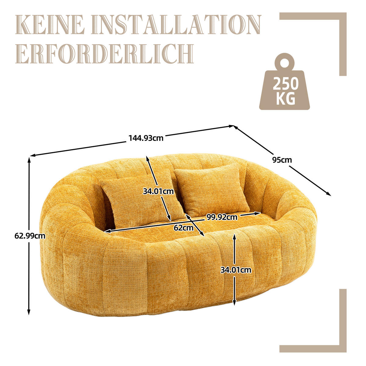 BEAN BAG SOFA– Komfortabler Lazy Lounger mit hochdichtem Memory - Gelb, Textil (150/63/95cm) - Urban Meuble