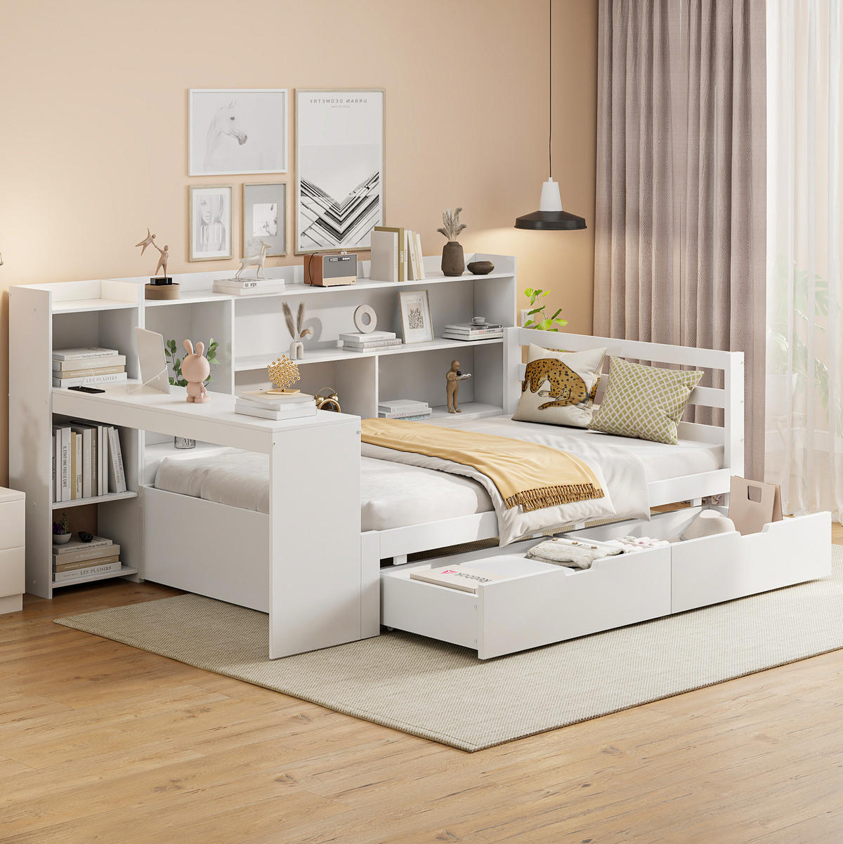 BETT 90/200 cm Weiß aus Massivholz mit Schreibtisch und Stauraum - Weiß, Holzwerkstoff (90/200cm) - Flora Grace