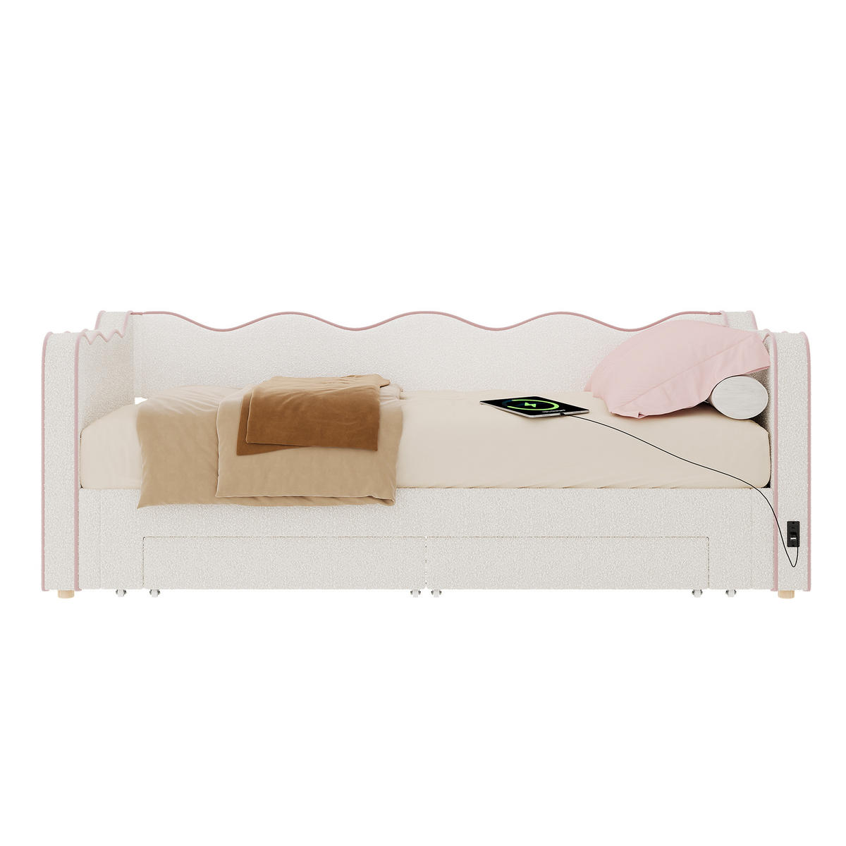 POLSTERBETT 90/200 cm in Beige mit 2 Schubladen, USB und Type-C - Beige, Holzwerkstoff/Textil (90/200cm) - CHICFURN