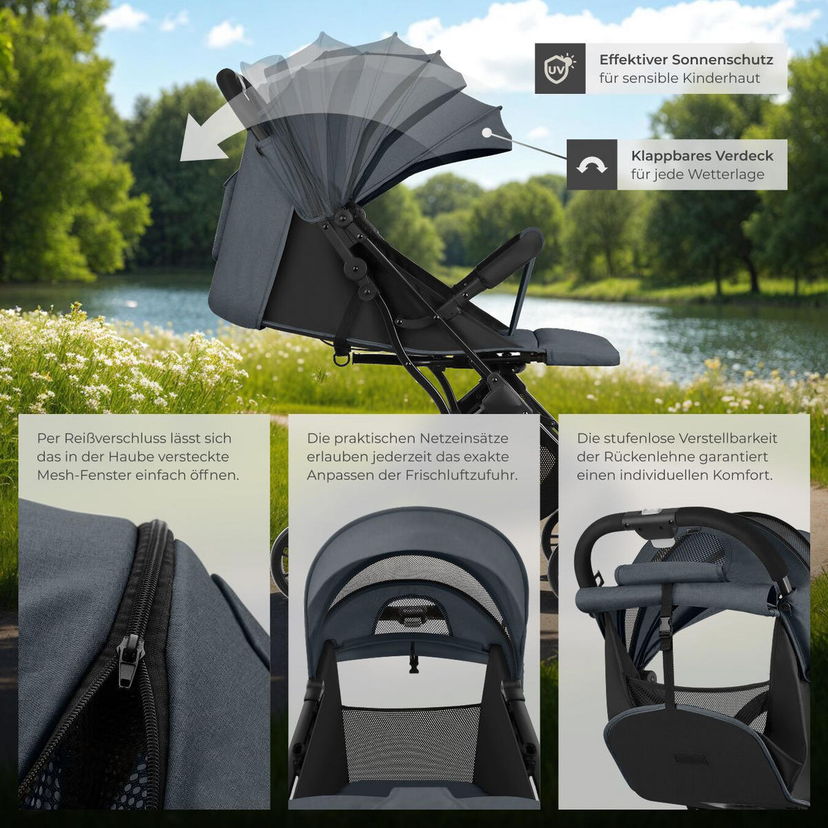 BUGGY-KINDERWAGEN Finn,für 0 bis 36 Monate geeignet, Belastbarkeit 15 kg,anthrazit - Anthrazit, Textil (95/51/105cm) - tectake