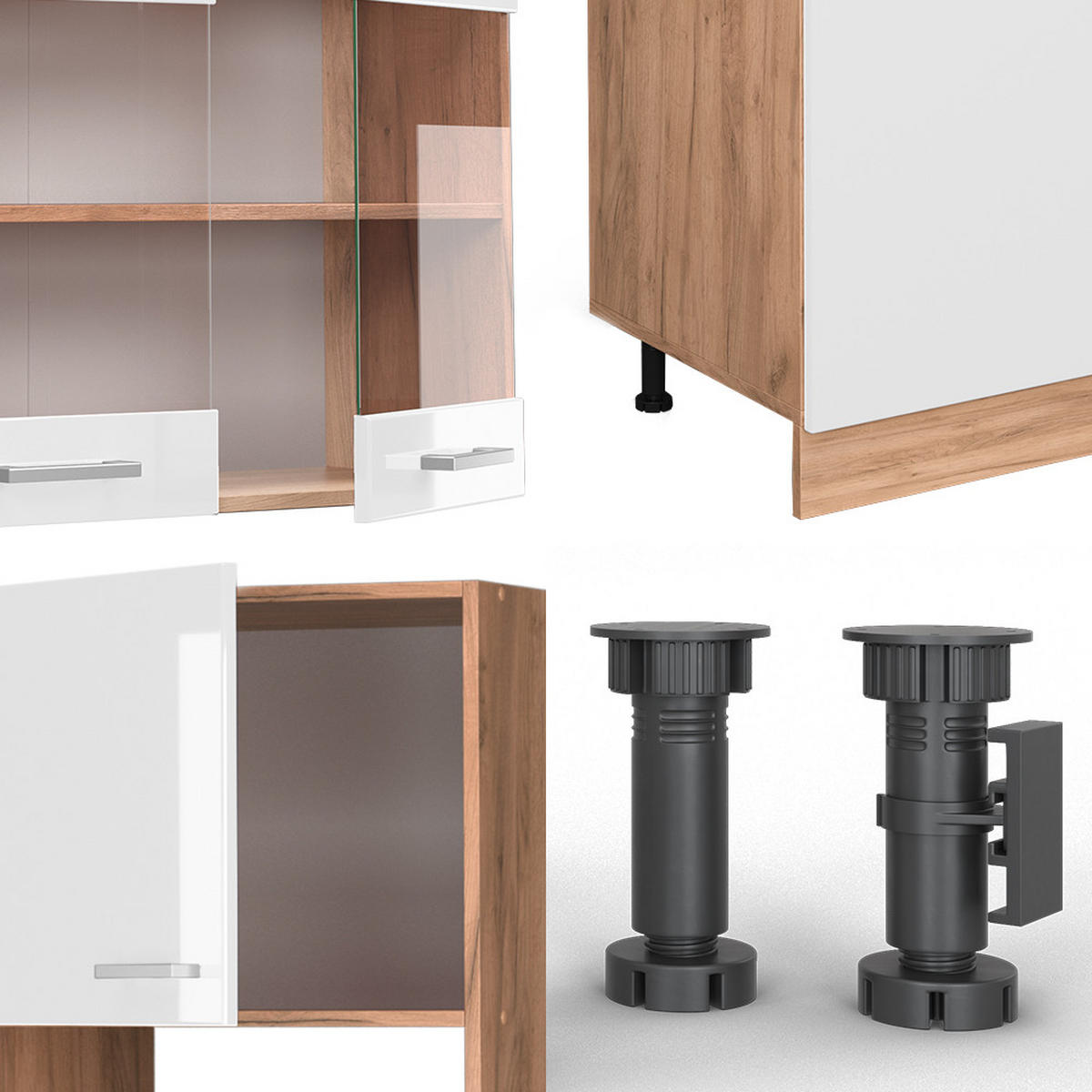 KÜCHENZEILE R-Line Weiß Hochglanz/Goldkraft Eiche 300 cm mit Hochschrank ohne AP - Weiß Hochglanz/Eiche Wotan, Holzwerkstoff (300/81.6/46cm) - Vicco