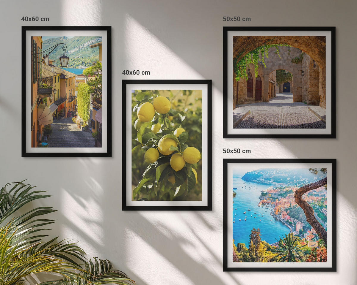 WANDBILDER 4er-Set - 50x50 cm & 40x60 cm Schwarzer Rahmen - Straßen am Meer, ein Meer aus Zitronen - Schwarz, Kunststoff (50/50cm) - ArtPrintCave