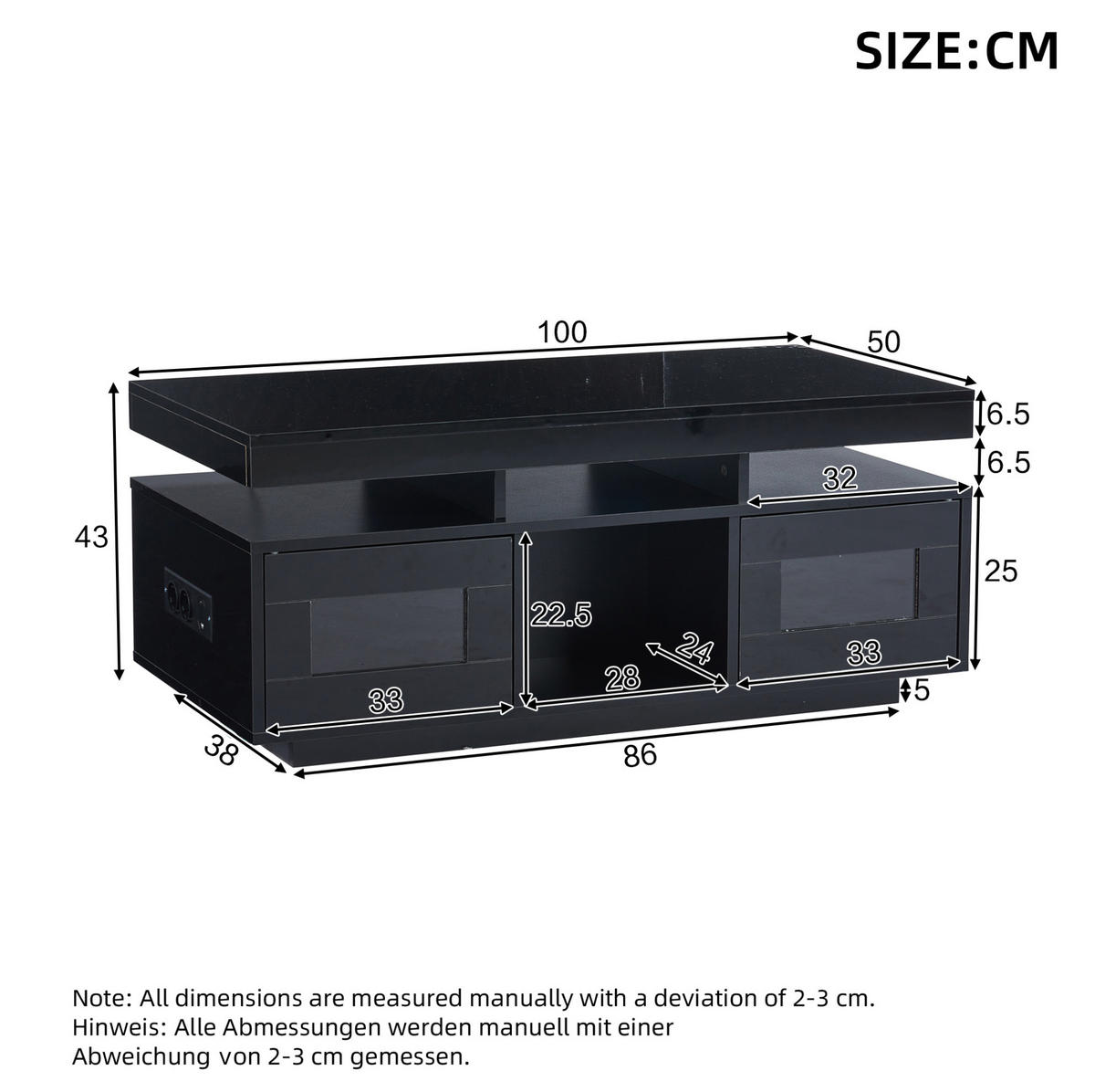 COUCHTISCH aus Spanplatte 100x50x43 cm Schwarz mit App-gesteuerter LED, Steckdose und USB-Anschluss - Schwarz, Holzwerkstoff (100/50/43cm) - IVMEU