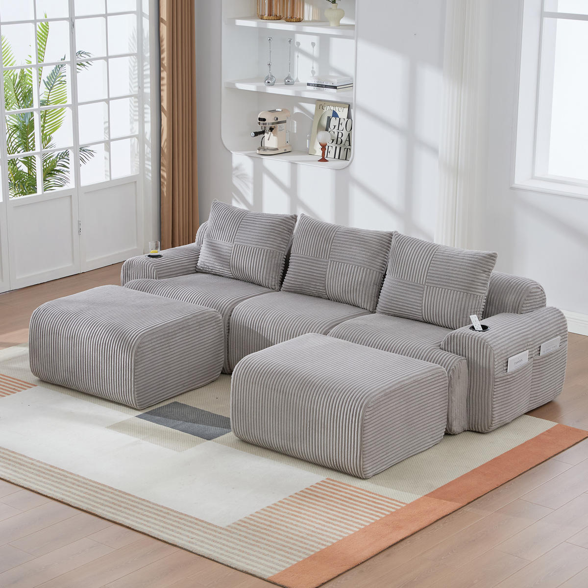 WOHNLANDSCHAFT Cord Hellgrau mit 2 Hocker, Cupholder und Aufbewahrungstasche - Hellgrau, Textil (268/80/174cm) - WISHDOR