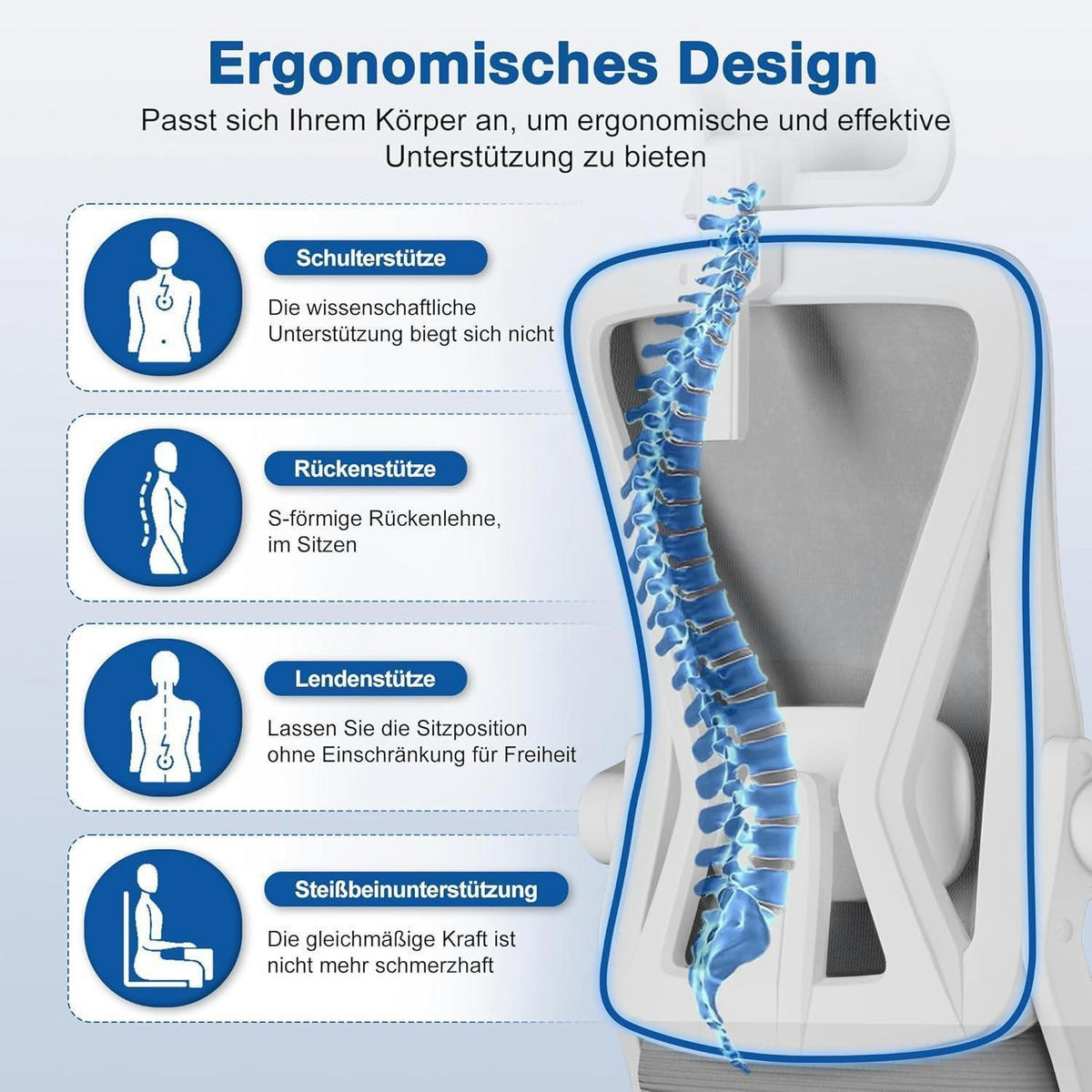 BÜROSTUHL Ergonomisch mit Kopfstütze und Lendenwirbelstütze Grau - Grau, Textil (60/128/60cm)