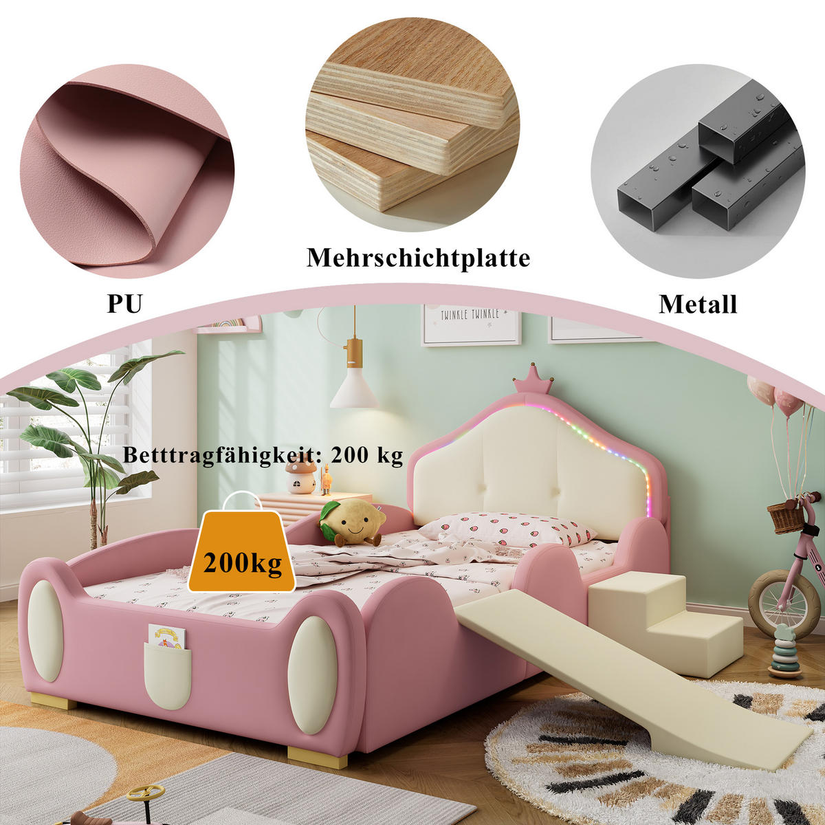 KINDERBETT 90/200 cm mit LED-Streifen, Rutsche, Treppe und weichen Schutzkanten aus PU, Rosa/Beige - Rosa, Kunststoff (90/200cm) - Redom