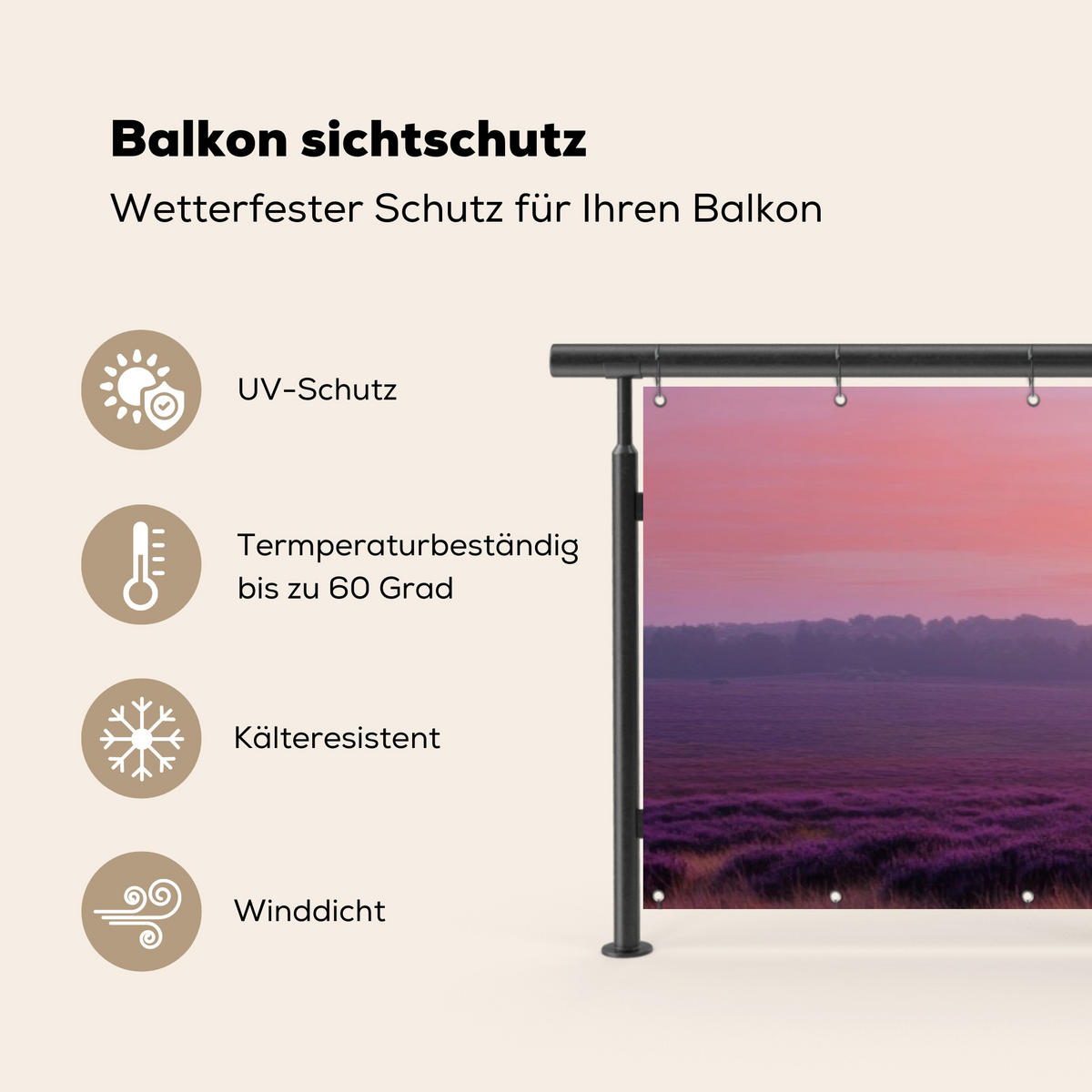 BALKON-SICHTSCHUTZ Baum - Heidekraut - Sonnenaufgang - Flieder, Kunststoff (500/120cm) - MuchoWow