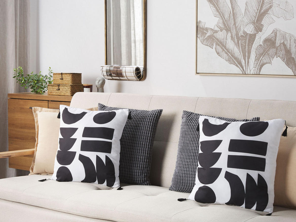 DEKOKISSEN 2er-Set Schwarz-Weiß 45/45 cm Liriope - Schwarz, Textil (45/45cm) - Beliani