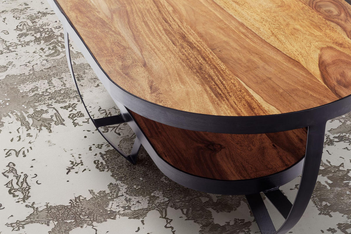 COUCHTISCH Sheesham Massivholz Metall Oval 100x50x37,5 cm mit Stauraum Modern - Sheeshamfarben/Schwarz, Holz/Metall (50/100/38cm) - KADIMA DESIGN
