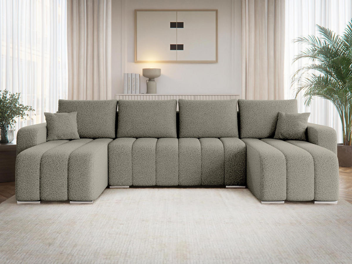 WOHNLANDSCHAFT Pufetto U Boucle - Greige/Silberfarben, Holz/Textil (313/86/147cm) - MIRJAN24