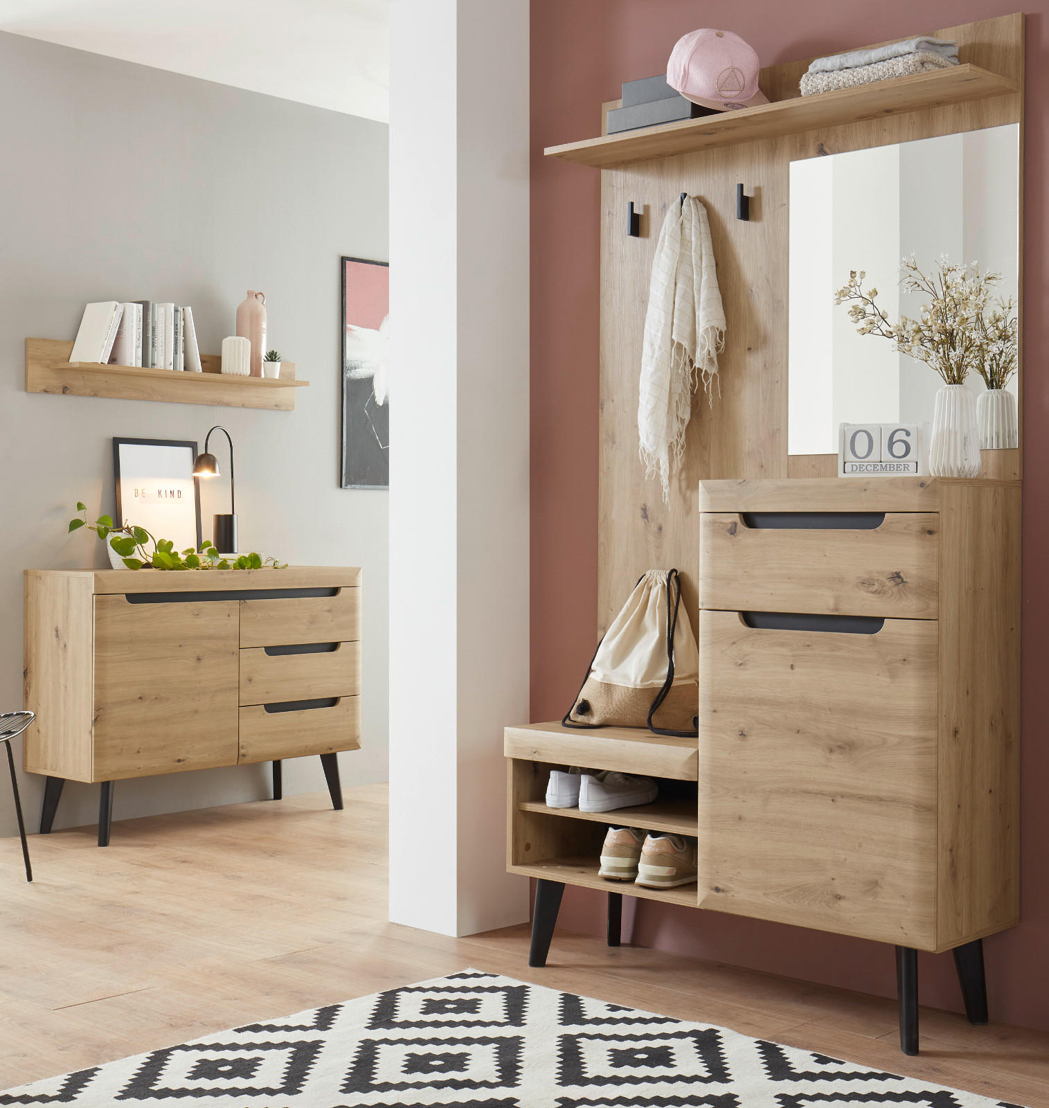 GARDEROBEN-SET Eiche Artisan, schwarz 232 cm, Garderobenkombination skandinavisch - Eichefarben/Schwarz, Holzwerkstoff/Metall (232/200/40cm) - Furn.Design