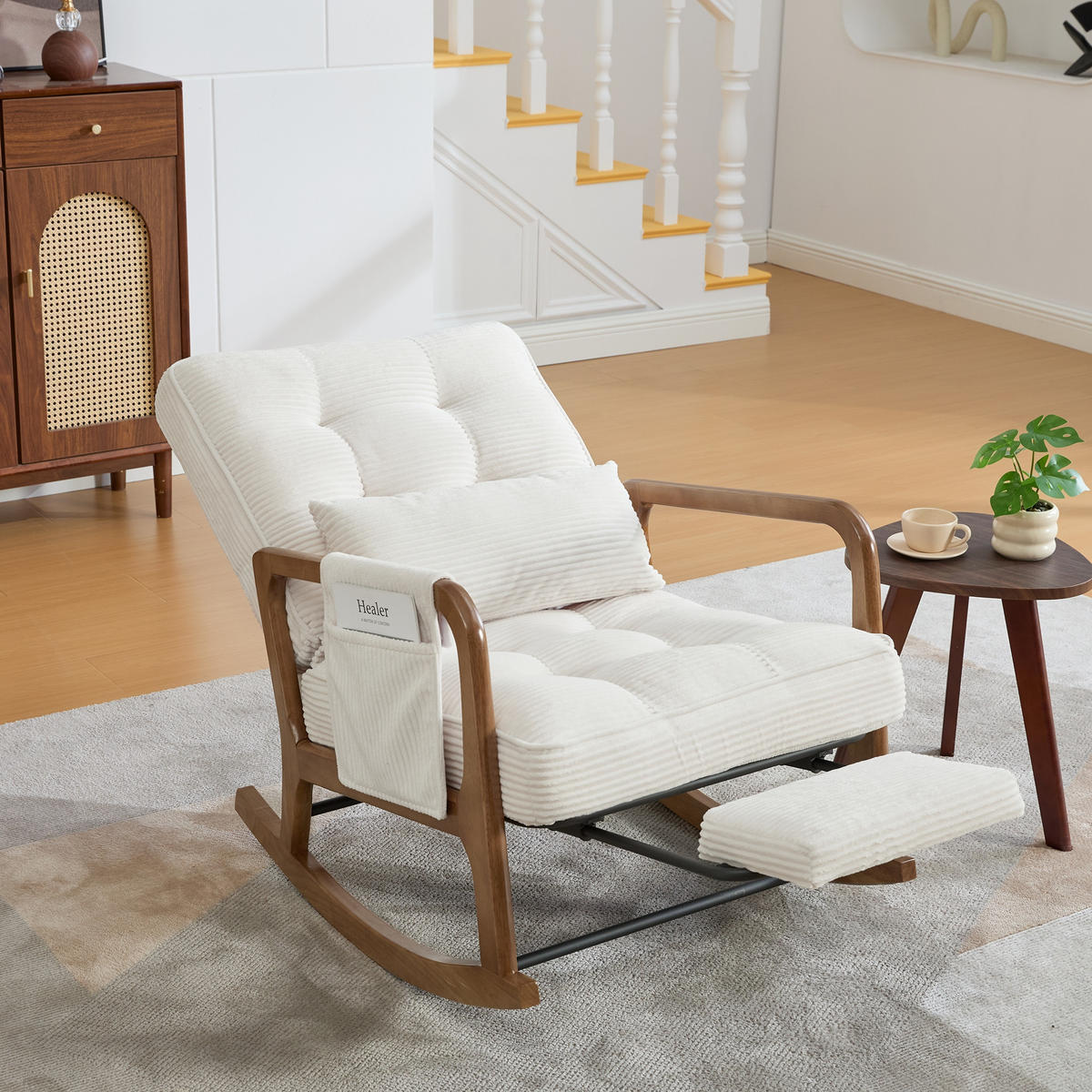 SCHAUKELSTUHL Beige Cord mit Fußstütze, Seitentaschen und verstellbarer Lehne - Beige, Textil (80/92/70cm) - Oxeza